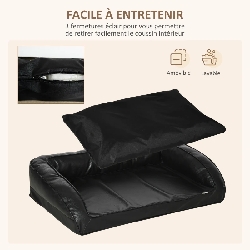 PawHut Panier lit pour chien chat matelas lavable coussin amovible déhoussable revêtement synthétique simili cuir moelleux grand confort pour grand chien chat - noir