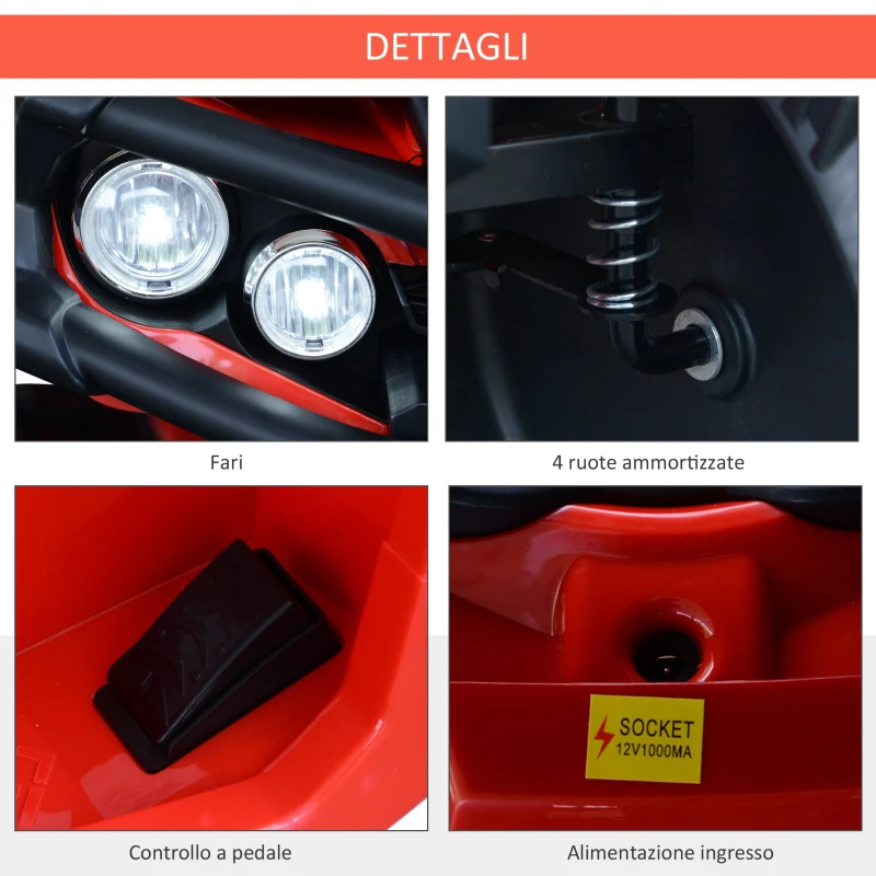 HOMCOM Quad per Bambini Elettrico Batteria 12V 2 Velocità con Luci e Presa USB Ruote Ammortizzate, Rosso, 103.5x69.5x70cm