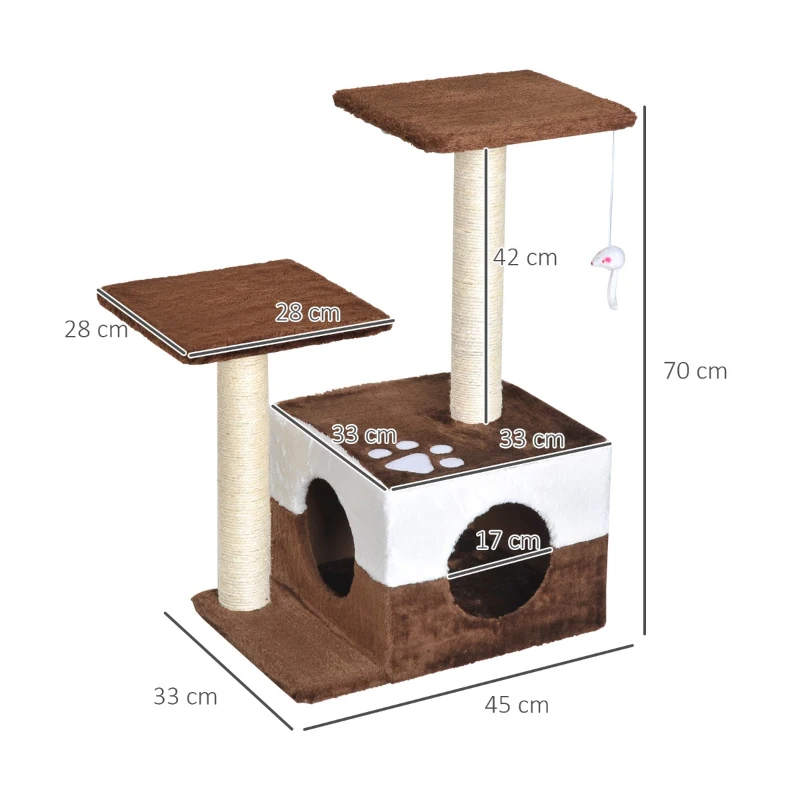 PawHut Albero Tiragraffi per Gatti con Topolino Appeso in Peluche Sisal Naturale Marrone 45x33x70cm