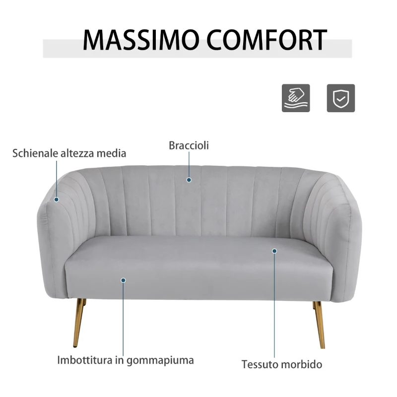 HOMCOM Divano 2 Posti Design Moderno Imbottito con Braccioli e Spalliera, per Soggiorno, Sala, Ufficio, Colore Grigio