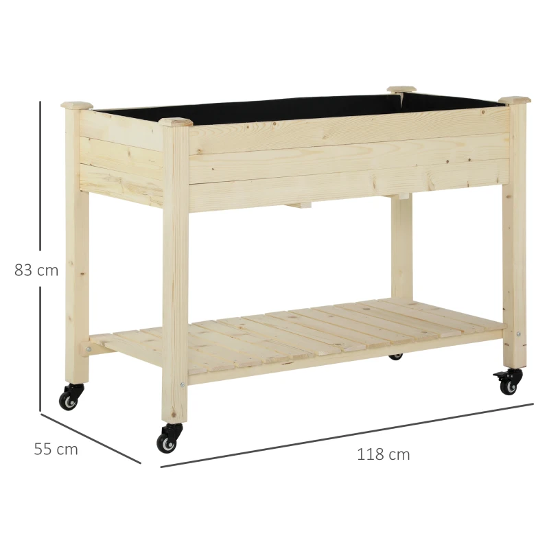 Outsunny Verhoogd bed met wielen plantentafel bloembak met afvoer massief houten vliesstof