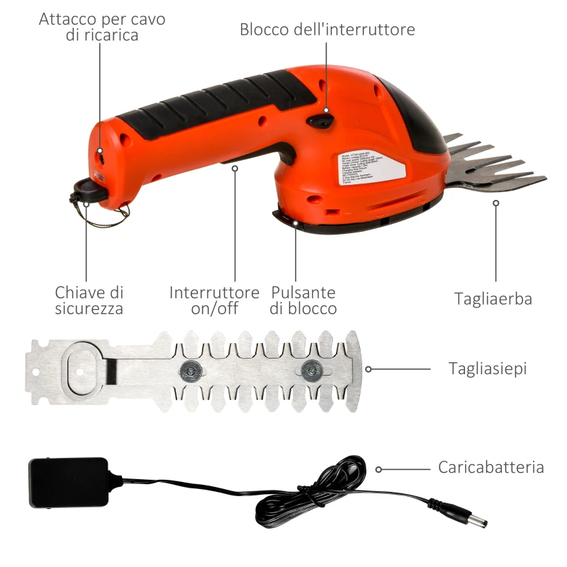 Outsunny Cesoia 2 in 1 Sfoltirami e Tosaerba con Batteria 3.6V Ricaricabile e 2 Lame, Rosso