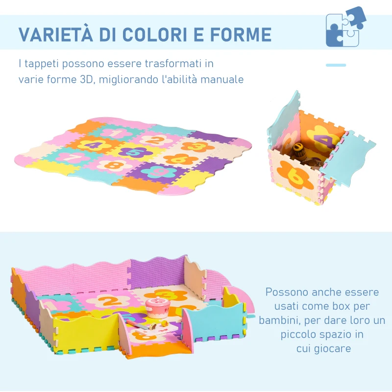 HOMCOM Tappeto Puzzle per Bambini da 25 Pezzi Area Coperta 0.9㎡, Assemblaggio Piatto e 3D a Recinto, Multicolore