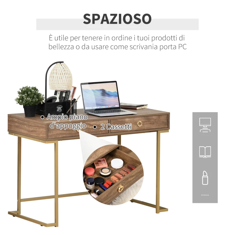 HOMCOM Tavolo Multiuso Scrivania Moderna e Toeletta con 2 Cassetti, in Metallo e MDF, 110x55x76cm Marrone e Oro