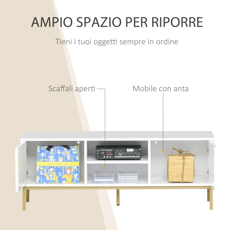 HOMCOM Mobile Porta TV Moderno con 2 Armadietti e Vano Centrale, Mobiletto Basso per TV fino 60'', Bianco e Color Legno, 120x40x44.6cm
