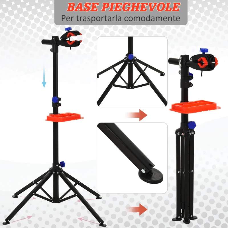 HOMCOM Cavalletto per Manutenzione Bicicletta con Telaio 4-8cm, Altezza Regolabile Morsetto 360° e Vassoio Portautensili