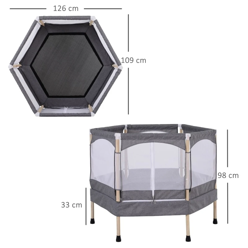 HOMCOM Trampolino Elastico Salvaspazio per Bambini 3-12 Anni (Max. 80kg) con Rete di Protezione, Grigio, 126x109x98cm