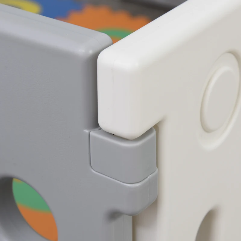 HOMCOM Recinto Box per Bambini +6Mesi da 16 Pezzi con Struttura a Incastro, Serratura e Giochi, Grigio e Bianco 190x150x64cm