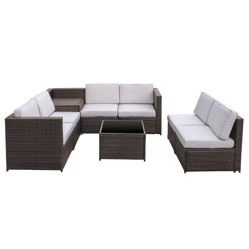 Outsunny Set da Giardino 8 Pezzi con 4 Poltrone, 2 Poltrone Angolari e 2 Tavolini per Giardino in Rattan Marrone