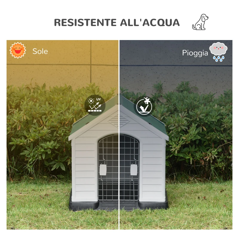 PawHut Cuccia per Cani Medi da Esterno e Interno, Casetta in Plastica con Cancello Rimovibile, 78x87x81cm, Bianco Verde Nero