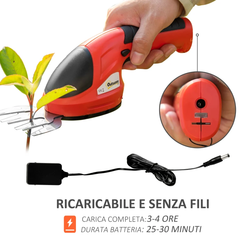 Outsunny Cesoia 2 in 1 Sfoltirami e Tosaerba con Batteria 3.6V Ricaricabile e 2 Lame, Rosso