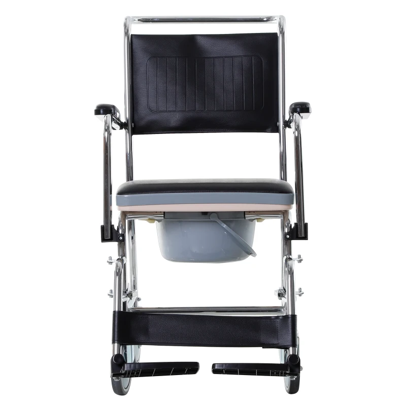 HOMCOM Carrozzina WC Impermeabile Antiscivolo con Vaso Rimovibile Anziani e Disabili Ecopelle e Metallo 66x55x92cm