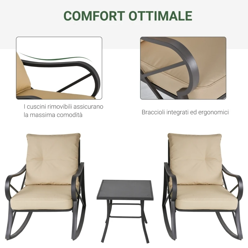 Outsunny Set Tavolino e Sedie da Giardino a Dondolo con Cuscini, Ripiano in Vetro e Struttura in Acciaio Beige