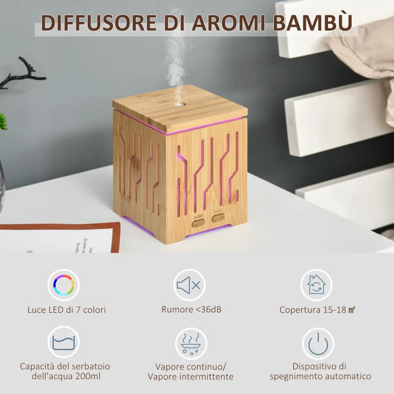 HOMCOM Diffusore di Aromi Oli Essenziali per Ambienti Fino a 15-18㎡, Vaporizzatore a 2 Modalità con 7 Luci Colorate, Bambù 200Ml