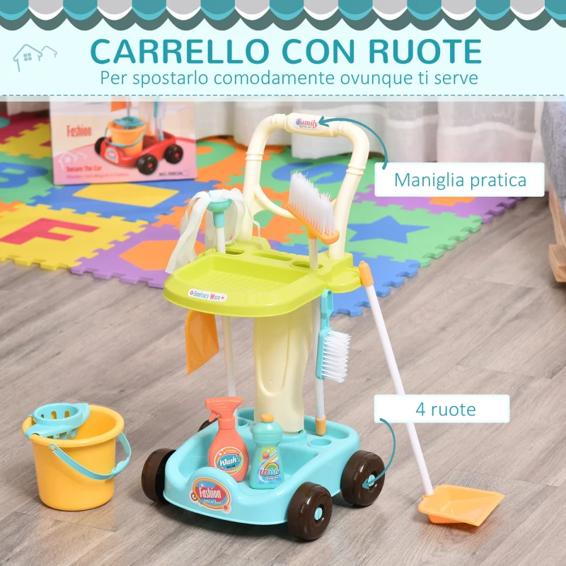 HOMCOM Set Pulizie Giocattolo per Bambini 3-6 Anni con Carrello, Scopa, Secchio e Mocio, 17 Accessori, 30x29x55cm