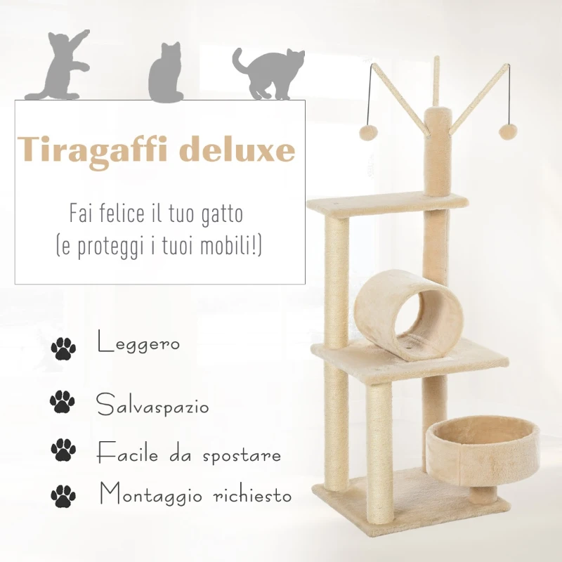 PawHut 121cm Tiragraffi per Gatti in Peluche Multi-attività con Amaca Condo Beige