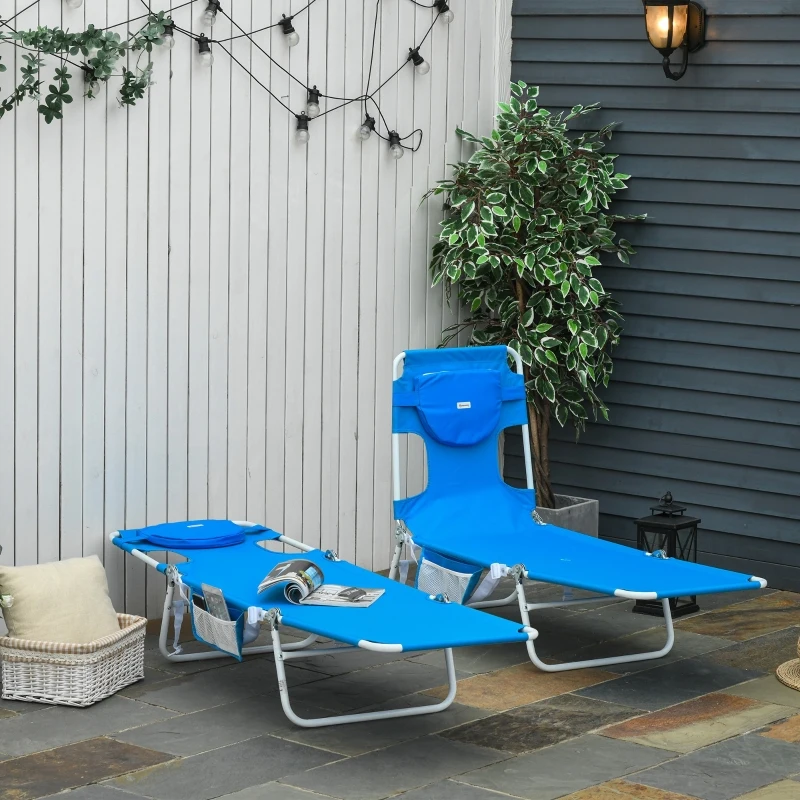 Outsunny Set 2 Sdraio da Giardino Pieghevoli, Schienale Regolabile su 5 Posizioni e Apertura per il Viso, 182x55x28cm Blu