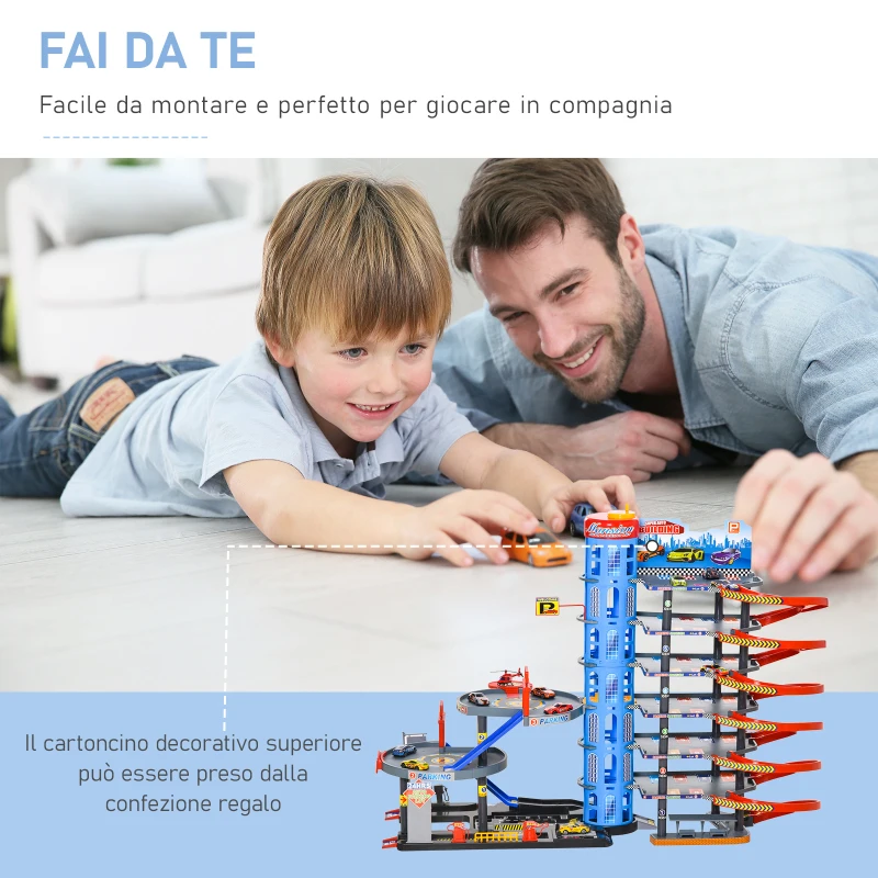 HOMCOM Garage Giocattolo a 7 Livelli con Rampe, Ascensore ed Eliporto, Elicottero e Macchinine Incluse, 92x46x71cm, Multicolore