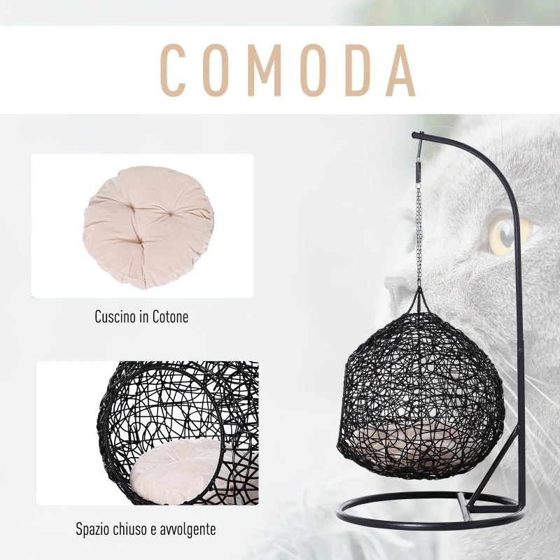 PawHut Amaca per Gatti in Rattan, Cuccia con Cuscino Incluso in Felpa e Cotone per Animali (Φ60 x 110cm)