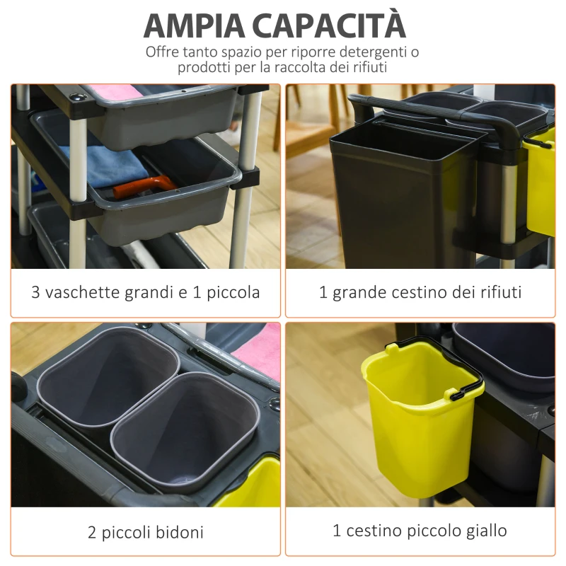 HOMCOM Carrello Pulizie Professionale 3 Livelli, in Plastica e Alluminio, 110x50x92cm, Grigio