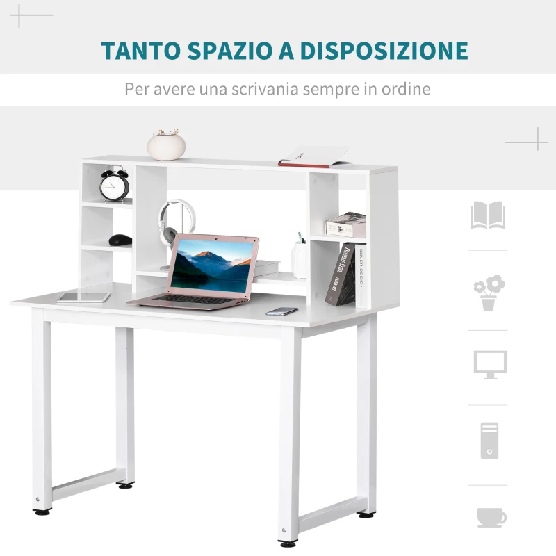 HOMCOM Scrivania Ufficio e Casa per Computer con Scaffale e Ampio Piano di Lavoro, Struttura Legno e Metallo 120x60x125cm, Bianco