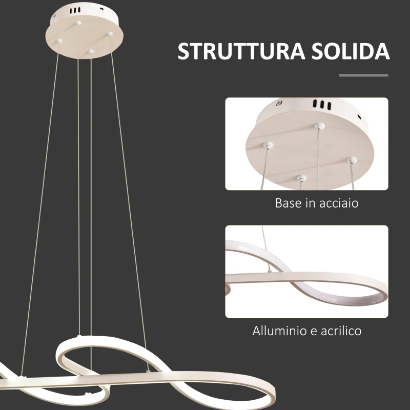 HOMCOM Lampadario LED 3 Tonalità di Luce, Altezza Regolabile, Potenza 70W, Bianco