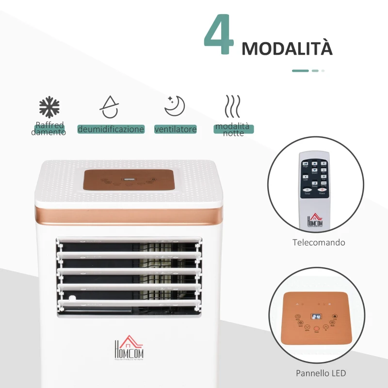 HOMCOM Condizionatore Portatile Deumidificatore con Telecomando, Timer 24h e 2 Velocità, 1010W Classe Energetica A, 9000BTU, 35.5x34x70cm Bianco