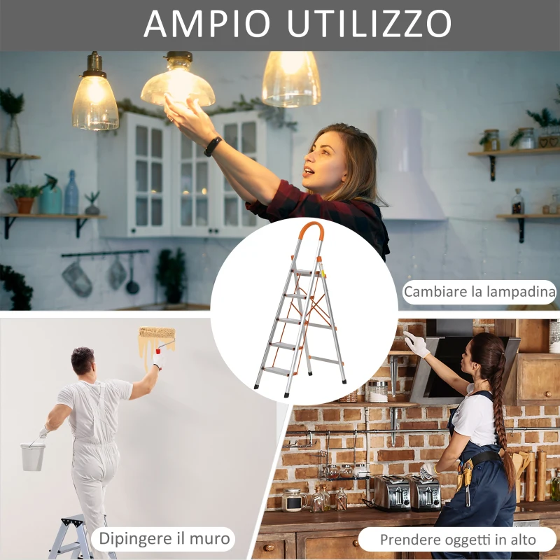 HOMCOM Scala Professionale in Alluminio con 5 Gradini di 13.5 cm Pieghevole, Richiudibile e Salvaspazio, 53x85x165cm