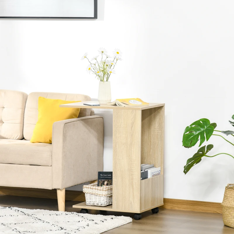 HOMCOM Table basse bout de canapé table d'appoint table de lit à roulette avec rangement chêne clair