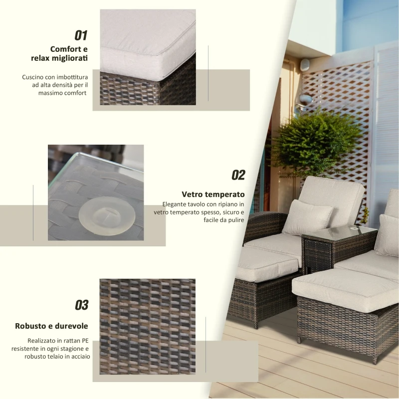 Outsunny Set 2 Sedie Sdraio da Giardino Reclinabili con Tavolino, Lettino Prendisole Imbottito in Rattan Sintetico, Marrone e Khaki, 165x75x96cm