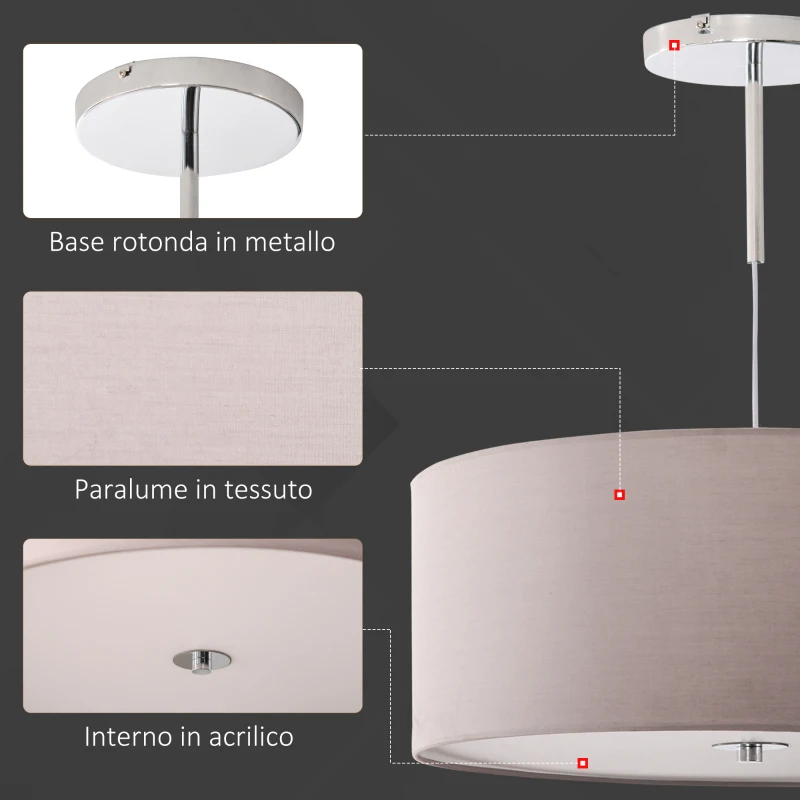HOMCOM Lampadario Moderno a Sospensione con LED Dimmerabili e 3 Colori di Illuminazione, 59x59x44cm, Grigio Chiaro