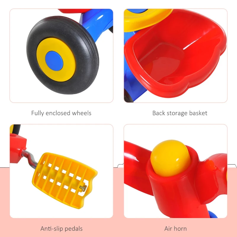 HOMCOM Triciclo a Pedali con 3 Ruote e Clacson per Bambini in Plastica PP 60 × 42 × 45cm Colorato