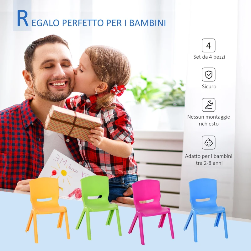 HOMCOM Sedie per Bambini fino 30kg, Set 4 Seggioline per Bambini Impilabili e Colorate per Interno Esterno, 36x38x56.5cm