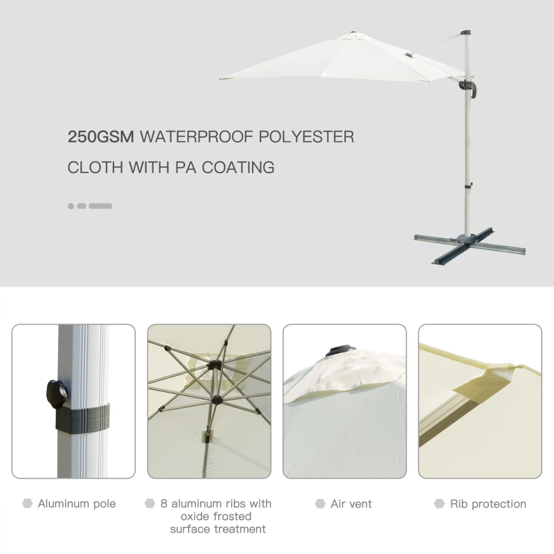 Outsunny Ombrellone a Sbalzo 3 x 3m con Rotazione 360°, in Alluminio e Poliestere anti UV, per Giardino/Esterni, 2.96×2.96×2.65m, Bianco