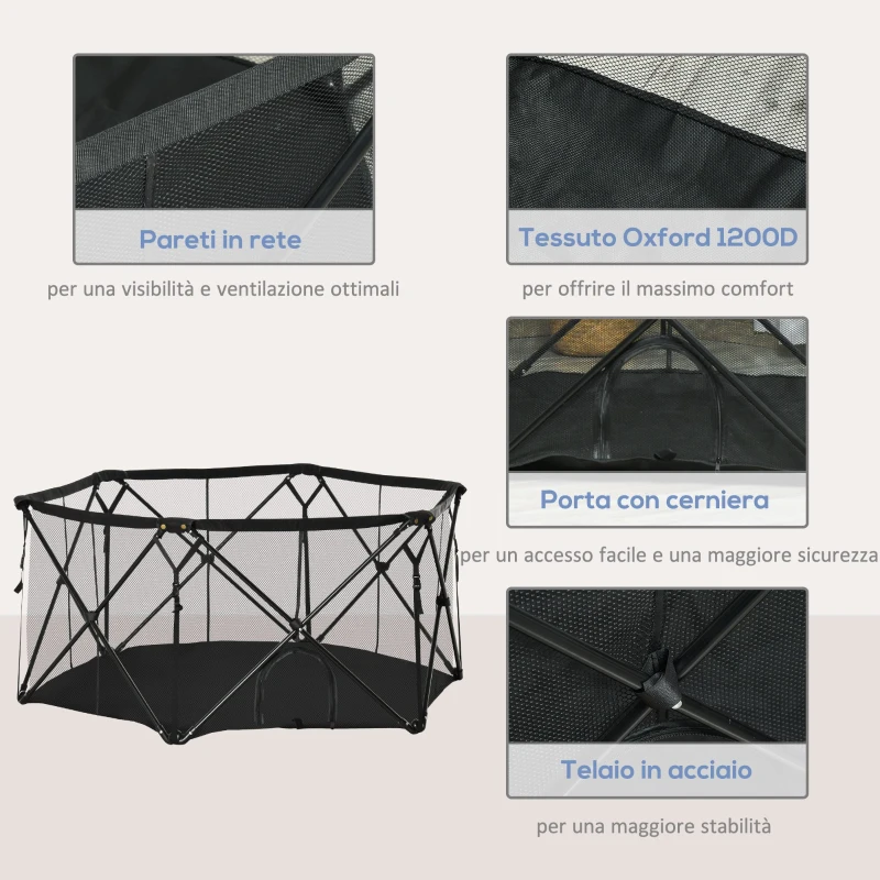 PawHut Recinto per Cani Pieghevole in Acciaio e Tessuto, Box per Animali Piccoli con Sacca di Trasporto, 148x134x67cm, Nero