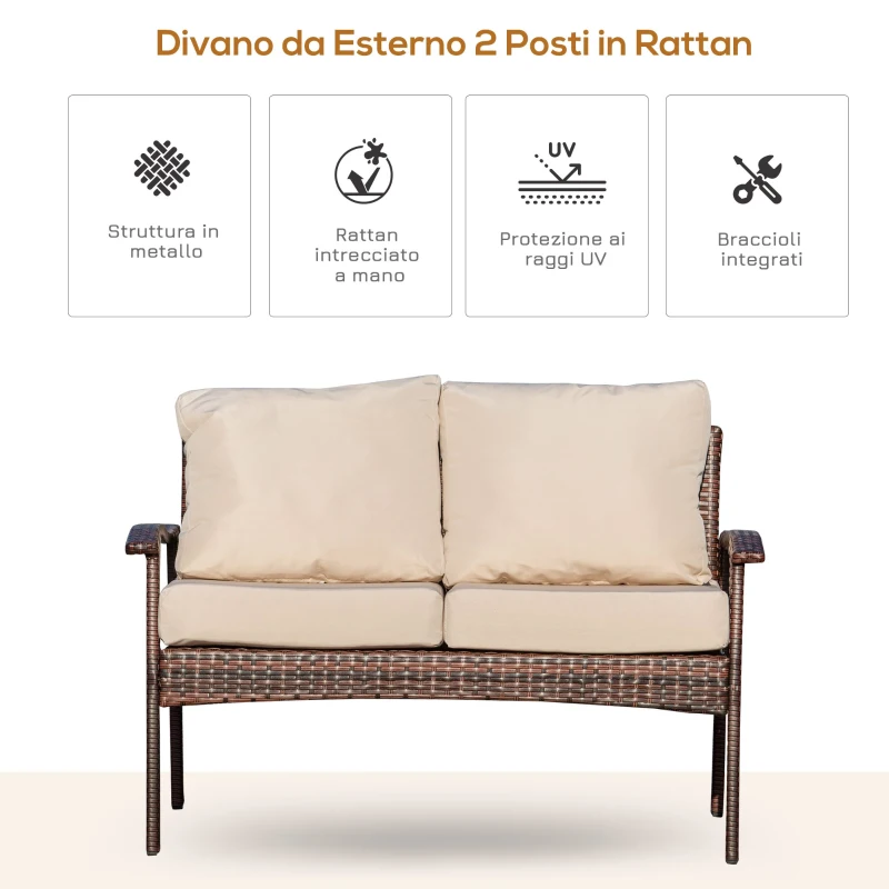 Outsunny Divano da Esterno 2 Posti in Rattan PE, Panchina da Giardino con Cuscini e Braccioli, 120x63x77cm Marrone