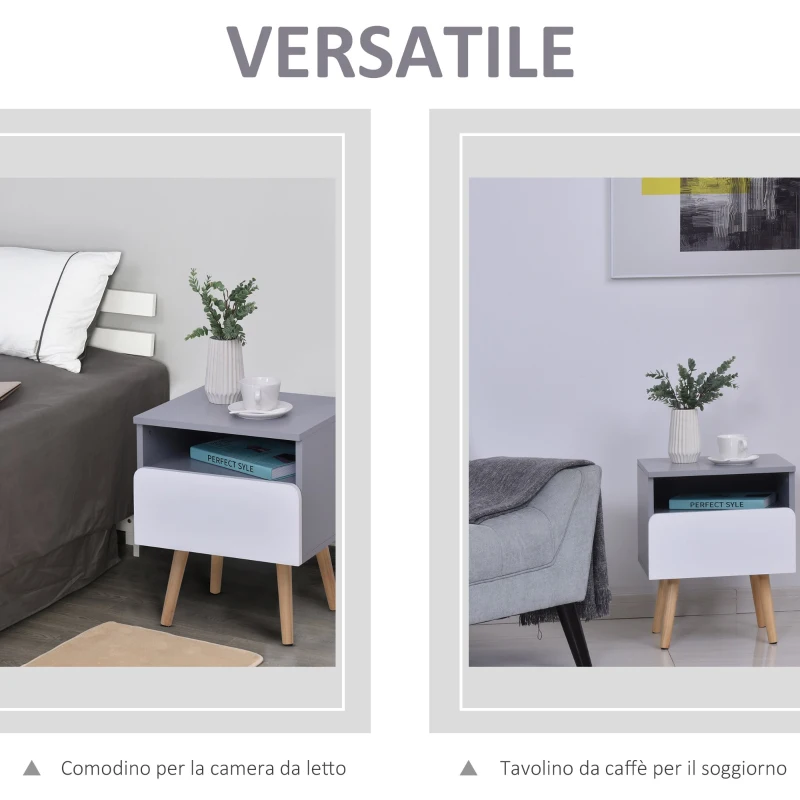 HOMCOM Comodino in Legno MDF Grigio e Bianco con 1 Cassetto, 1 Ripiano e Gambe in Legno di Pino, 40x34.3x50cm