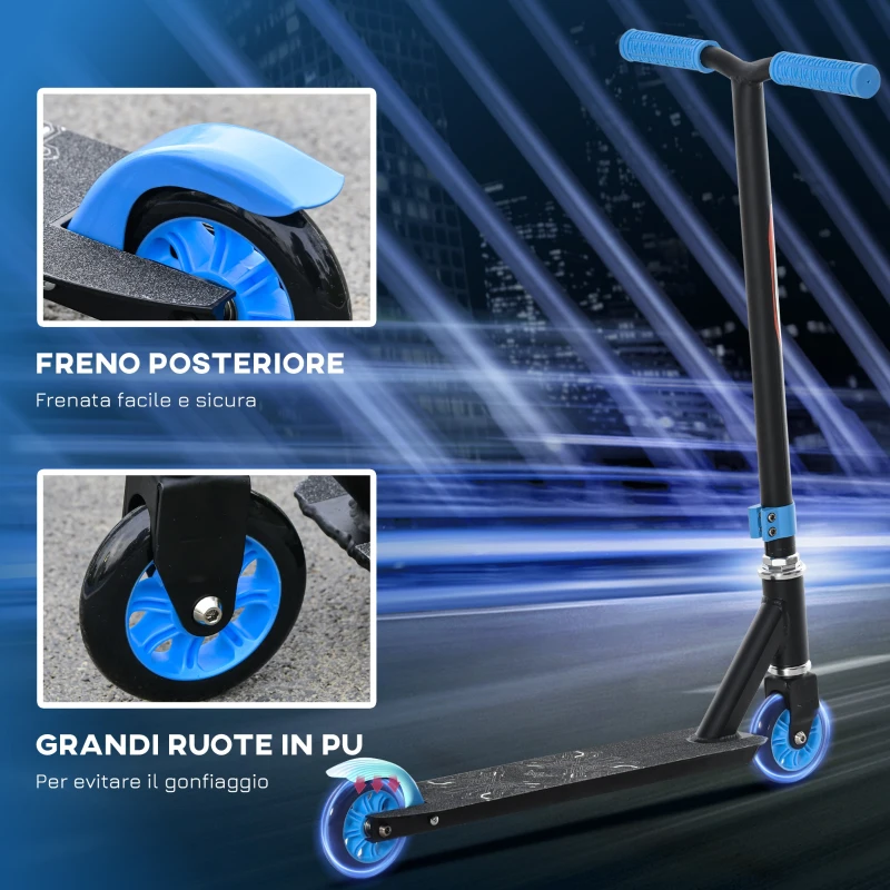 HOMCOM Monopattino Freestyle per Ragazzi e Ragazze da 14 Anni con Freno Posteriore, Stunt Scooter in Alluminio, Trick Scooter Nero e Blu