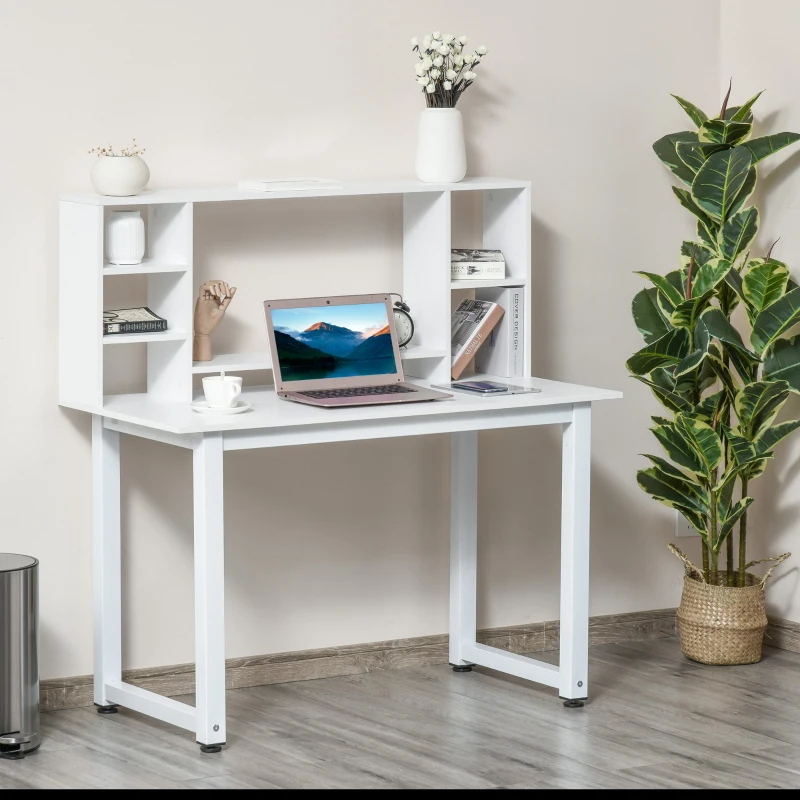 HOMCOM Scrivania Ufficio e Casa per Computer con Scaffale e Ampio Piano di Lavoro, Struttura Legno e Metallo 120x60x125cm, Bianco