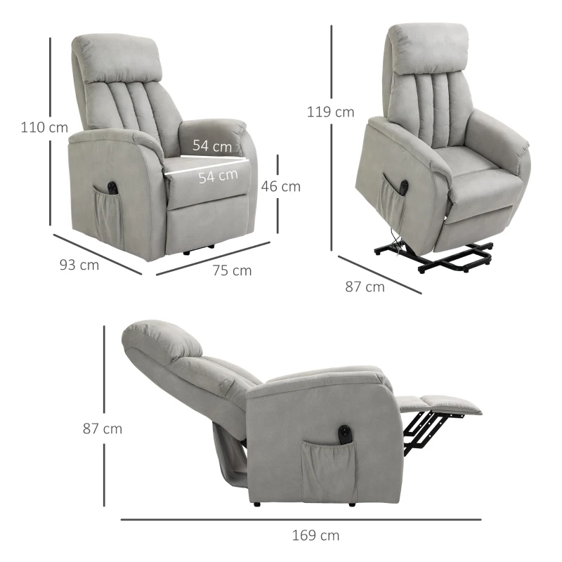 HOMCOM Poltrona Relax Elettrica, Poltrona Alzapersona con Telecomando, Poltrona Reclinabile 150° in Tessuto Grigio, 75x93x110cm
