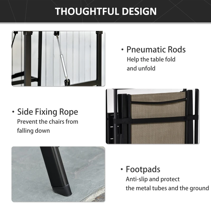 Outsunny Set Mobile da Giardino con 2 Sedie Pieghevoli e Tavolo con Mensola Laterale in Metallo e Texteline, Marrone e Nero