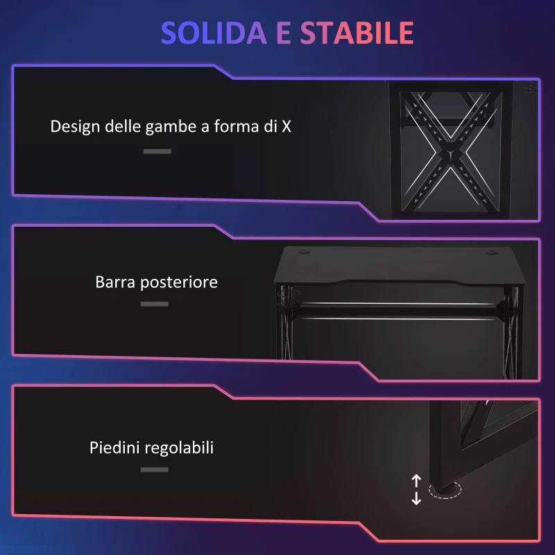 HOMCOM Scrivania da Gaming con Luci a LED di 20 Colori, Scrivania per Computer Porta PC con Portabicchieri e Gancio Cuffie, 120x60x73cm, Nera