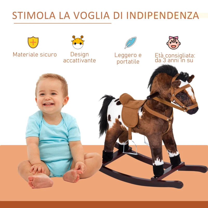 HOMCOM Cavallo a Dondolo Giocattolo Per Bambini con Effetti Sonori Legno 71×28×60cm Marrone Scuro