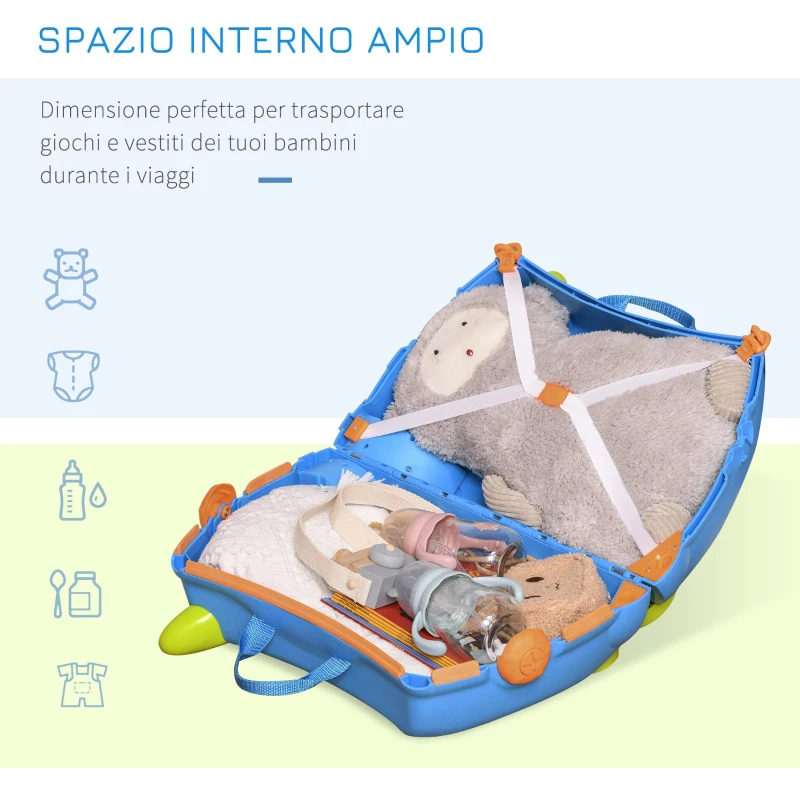 HOMCOM Valigia Cavalcabile Bimbi, Trolley per Bambini 3-6 Anni, Bagaglio a Mano per Aereo, Azzurro, 46x22x33.5cm
