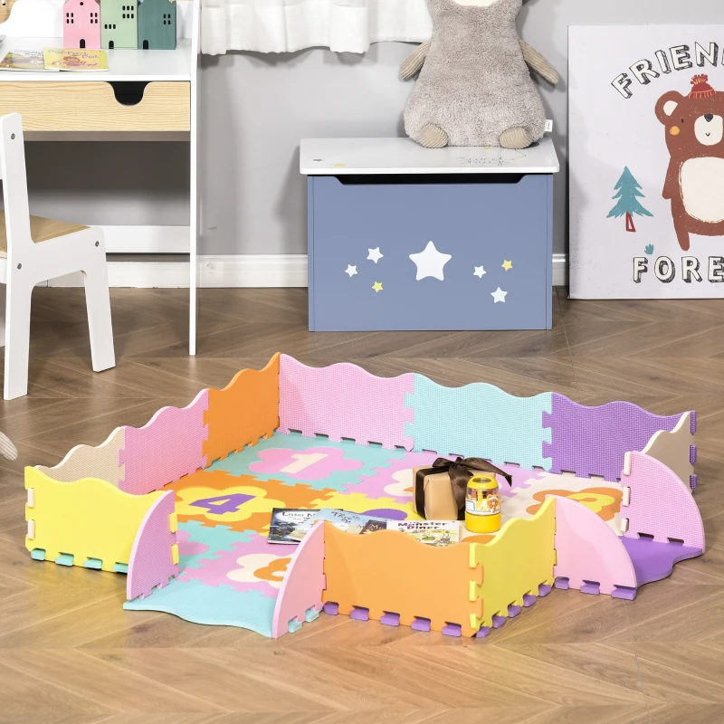 HOMCOM Tappeto Puzzle per Bambini da 25 Pezzi Area Coperta 0.9㎡, Assemblaggio Piatto e 3D a Recinto, Multicolore