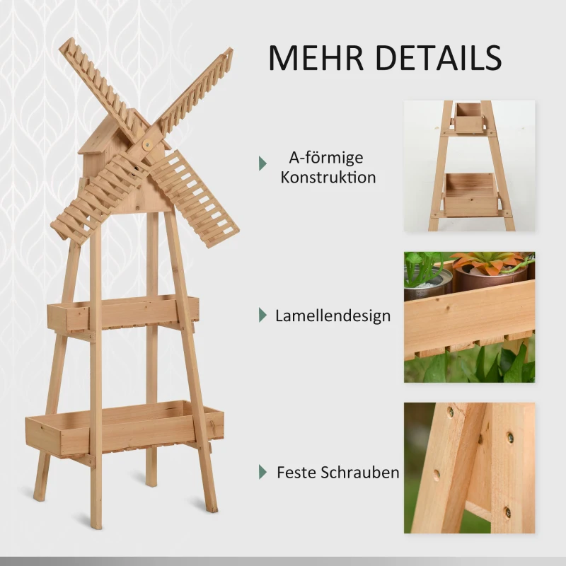 Outsunny Plantenetagere windmolen bloemstandaard bamboe bloemplank tuin hout natuur