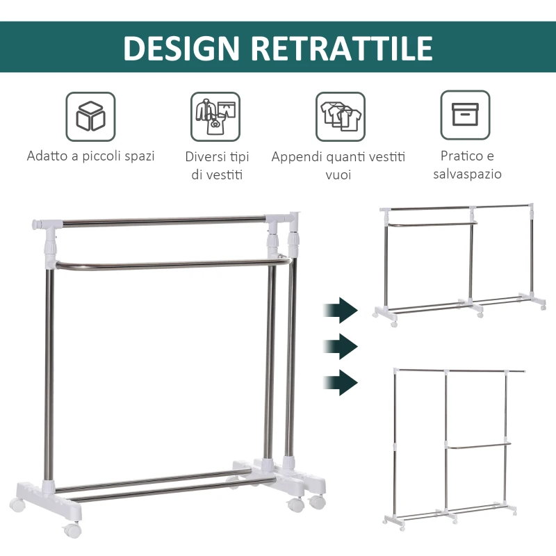 HOMCOM Stender Estensibile Appendiabiti Stendibiancheria 3 Livelli con Portascarpe e Ruote, Acciaio e PP, Bianco, 93-172x42x95-162.5cm