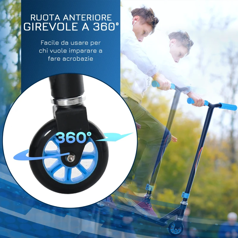 HOMCOM Monopattino Freestyle per Ragazzi e Ragazze da 14 Anni con Freno Posteriore, Stunt Scooter in Alluminio, Trick Scooter Nero e Blu