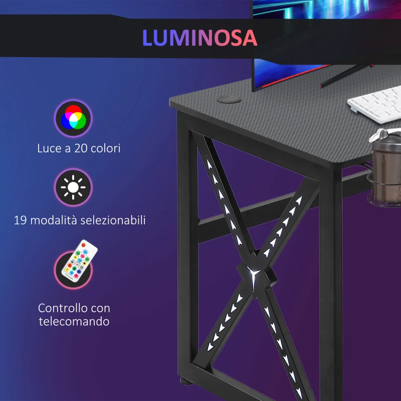 HOMCOM Scrivania da Gaming con Luci a LED di 20 Colori, Scrivania per Computer Porta PC con Portabicchieri e Gancio Cuffie, 120x60x73cm, Nera