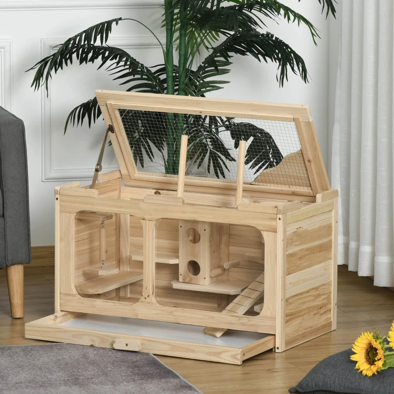 PawHut Gabbia per Criceti in Legno di Abete con Giochi e Casette, Parete in Vetro e Tetto Apribile, 78x40x44cm Colore Naturale